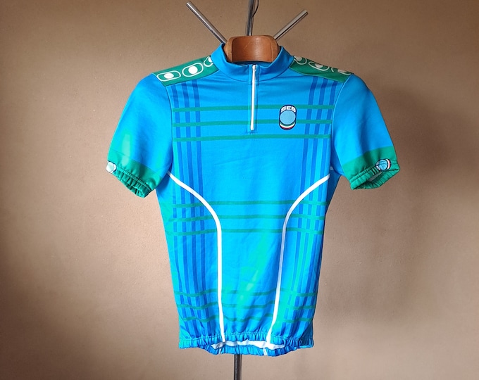 Vintage 90's retro abstract blue and green short sleeve cycling jersey, size women's L/men's S