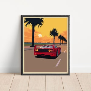 ヴィンテージ フェラーリ F40 ポスター、レトロなサンセット フェラーリ アート プリント、フェラーリ ギフト、フェラーリ 壁飾り、スーパーカー プリント、フェラーリ ファン ギフト