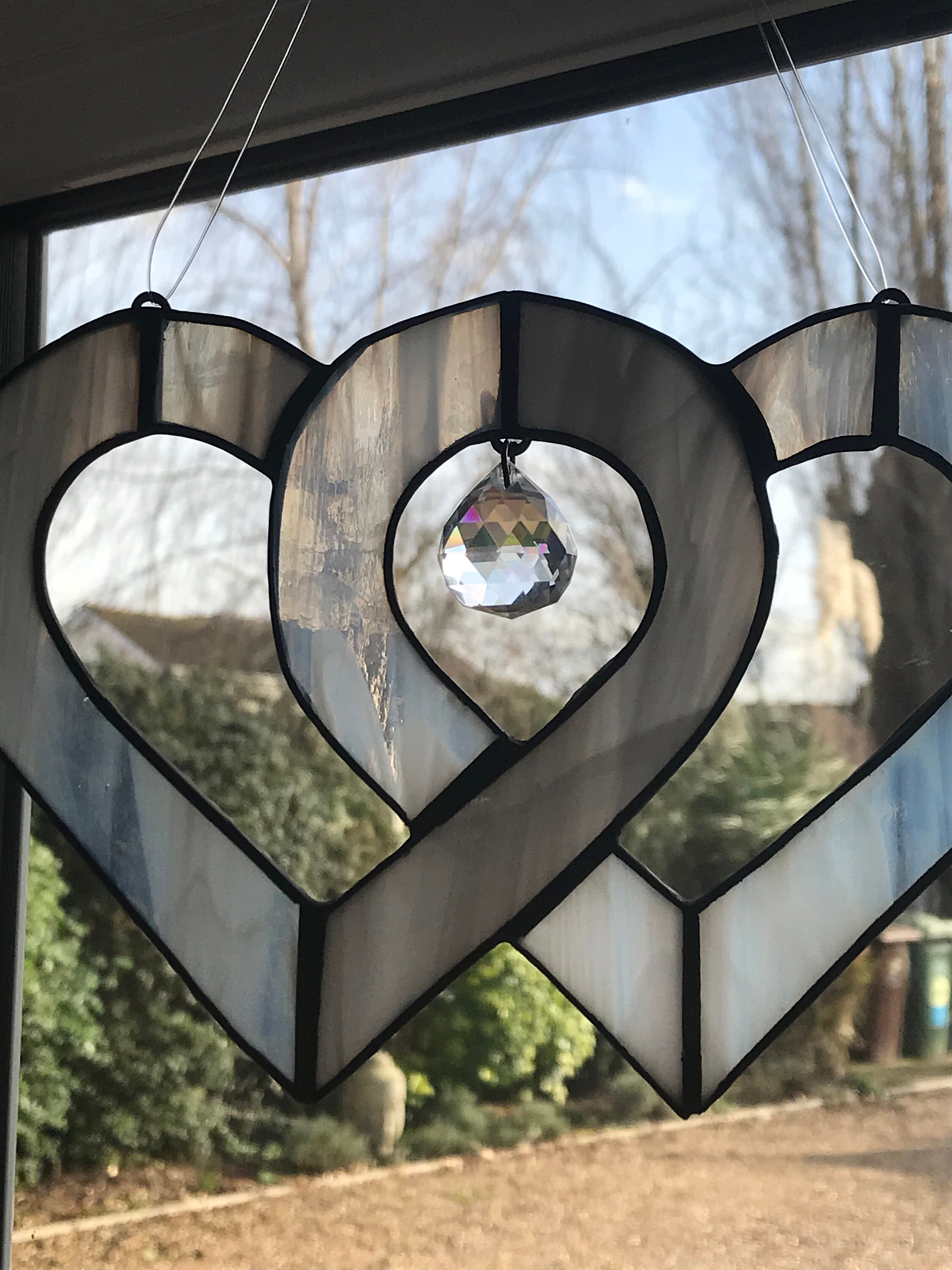 Grey and white stained glass entwined hearts with hanging Etsy