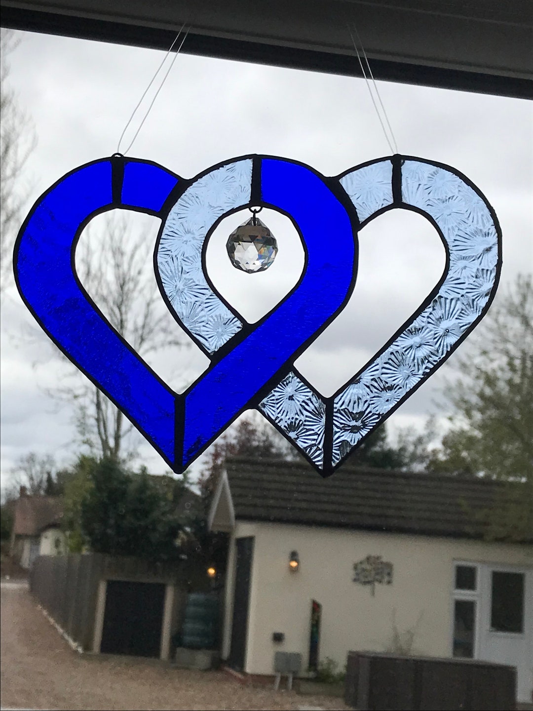 Blue Stained Glass Hearts Entwined With Hanging Cut Glass Gem Window