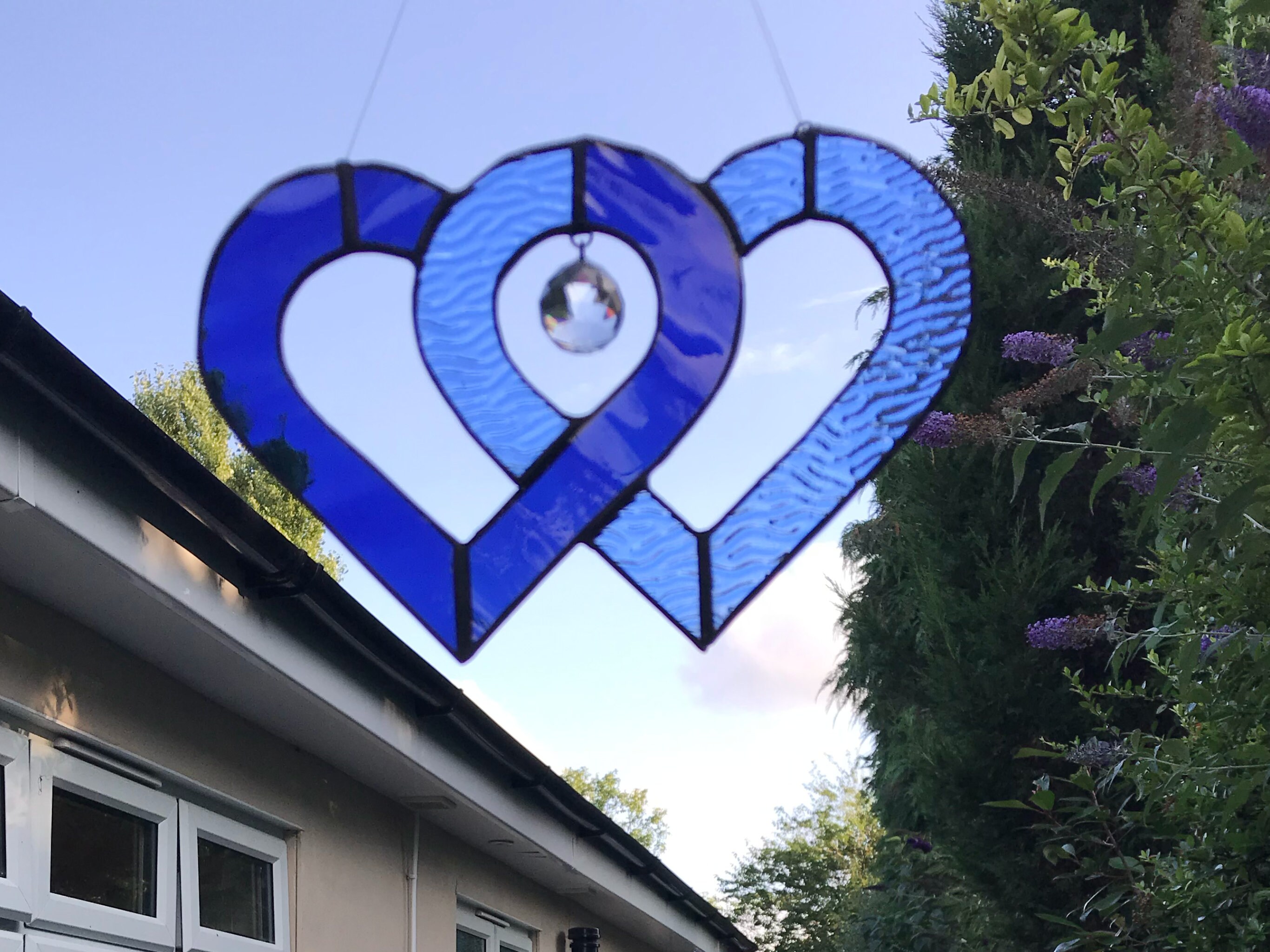Blue entwined hearts stained glass with hanging crystal window Etsy