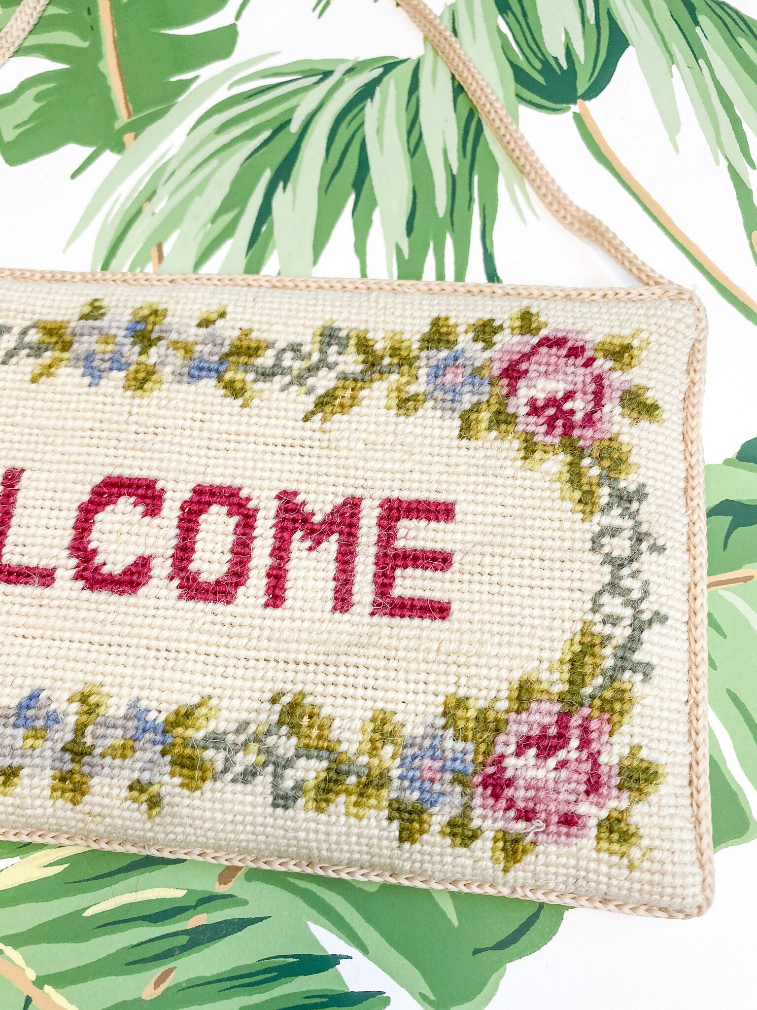 Vintage Needlepoint Door Hanger Sign Grandmillennial Etsy