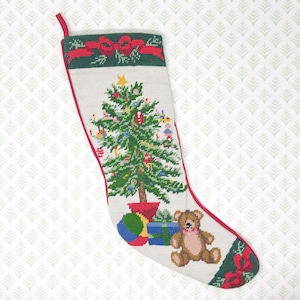 Vintage Needlepoint Christmas Stocking, Christmas Tree and Presents