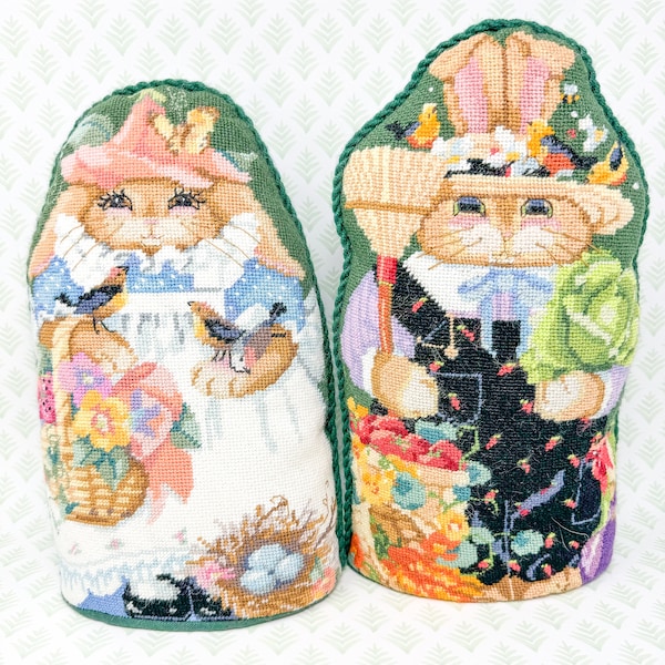 Pair of 15" Handmade Bucilla Needlepoint Farmer Bunny Rabbit Standing Pillows