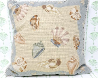 Light Blue Seashell Needlepoint Pillow