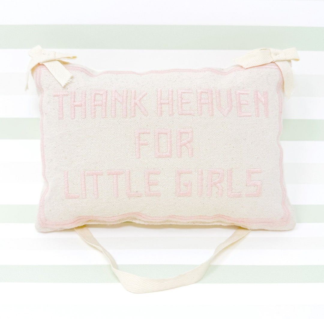 Embroidered Thank Heaven for Little Girls Long Sleeve Pink Swiss Dot Bow Bubble main image 1