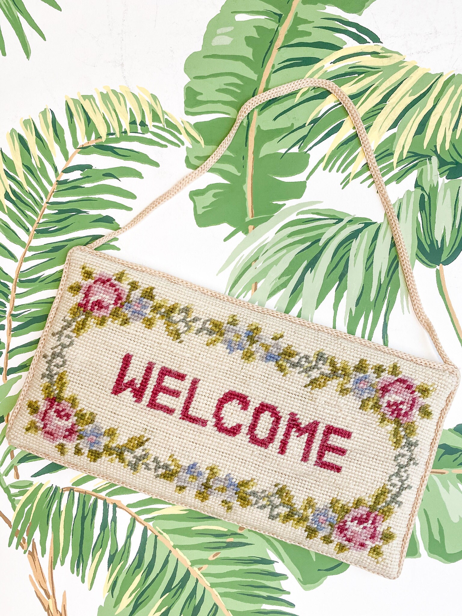 Vintage Needlepoint Door Hanger Sign Grandmillennial Etsy