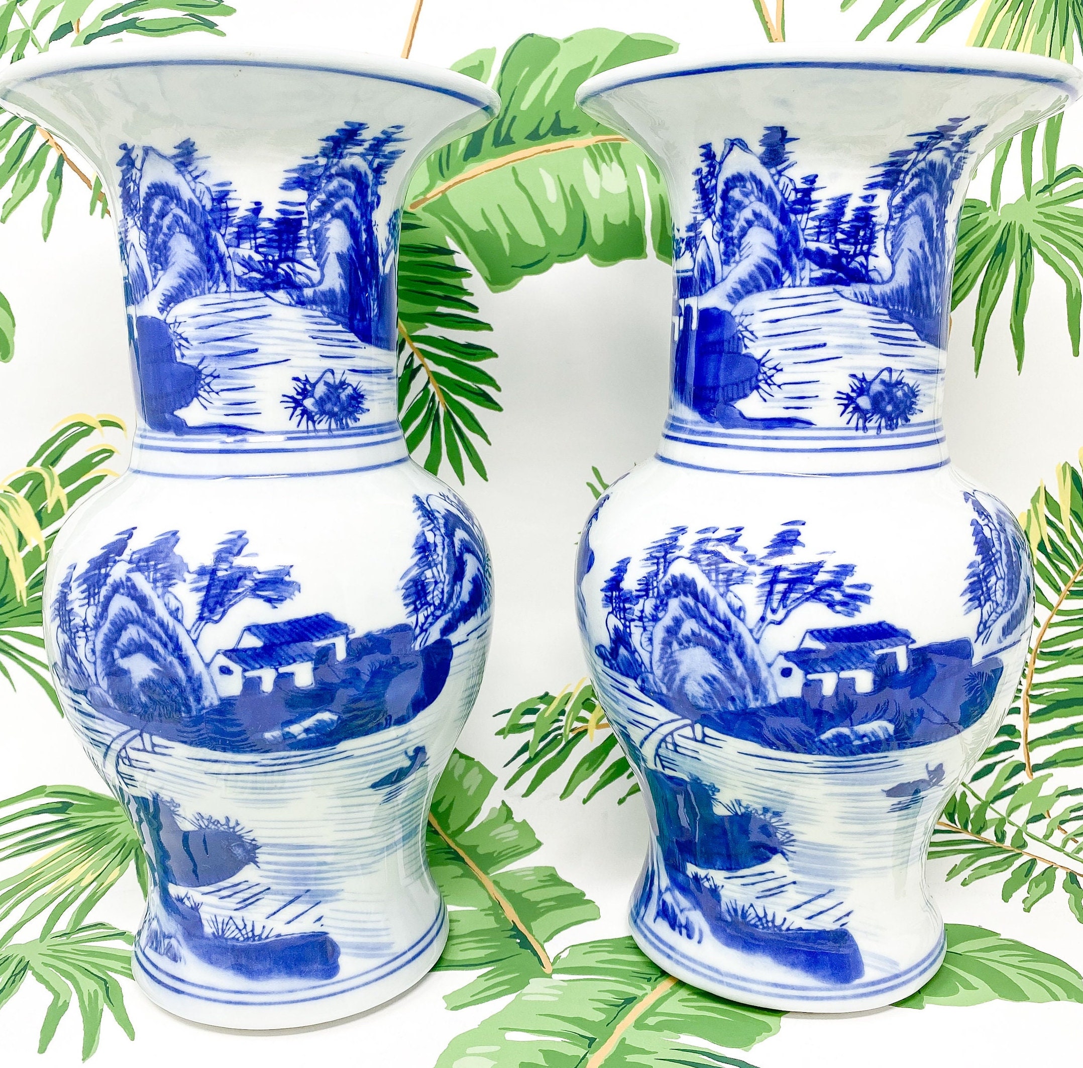 Pair of Chinoiserie Blue and White Vases Etsy