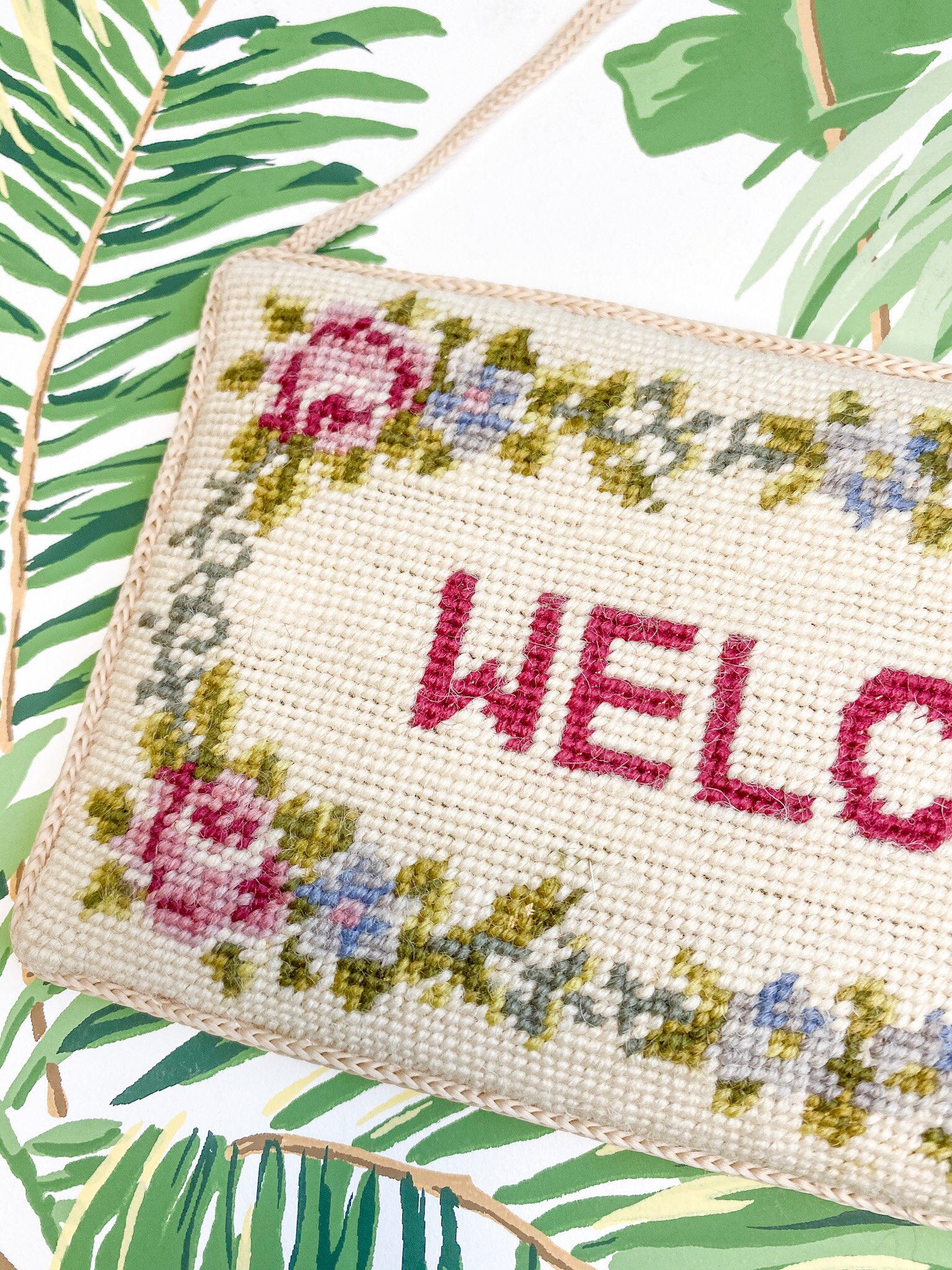 Vintage Needlepoint Door Hanger Sign Grandmillennial Etsy