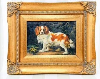 Vintage Framed King Cavalier Spaniel Dog Painting