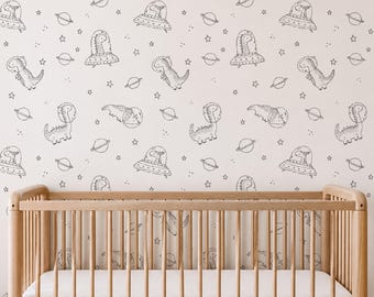 Charcoal Black Dinosaur Space Wallpaper, Minimal Dino Nursery Wallpaper, Gender Neutral Kids Room & Outer Space Wallpaper