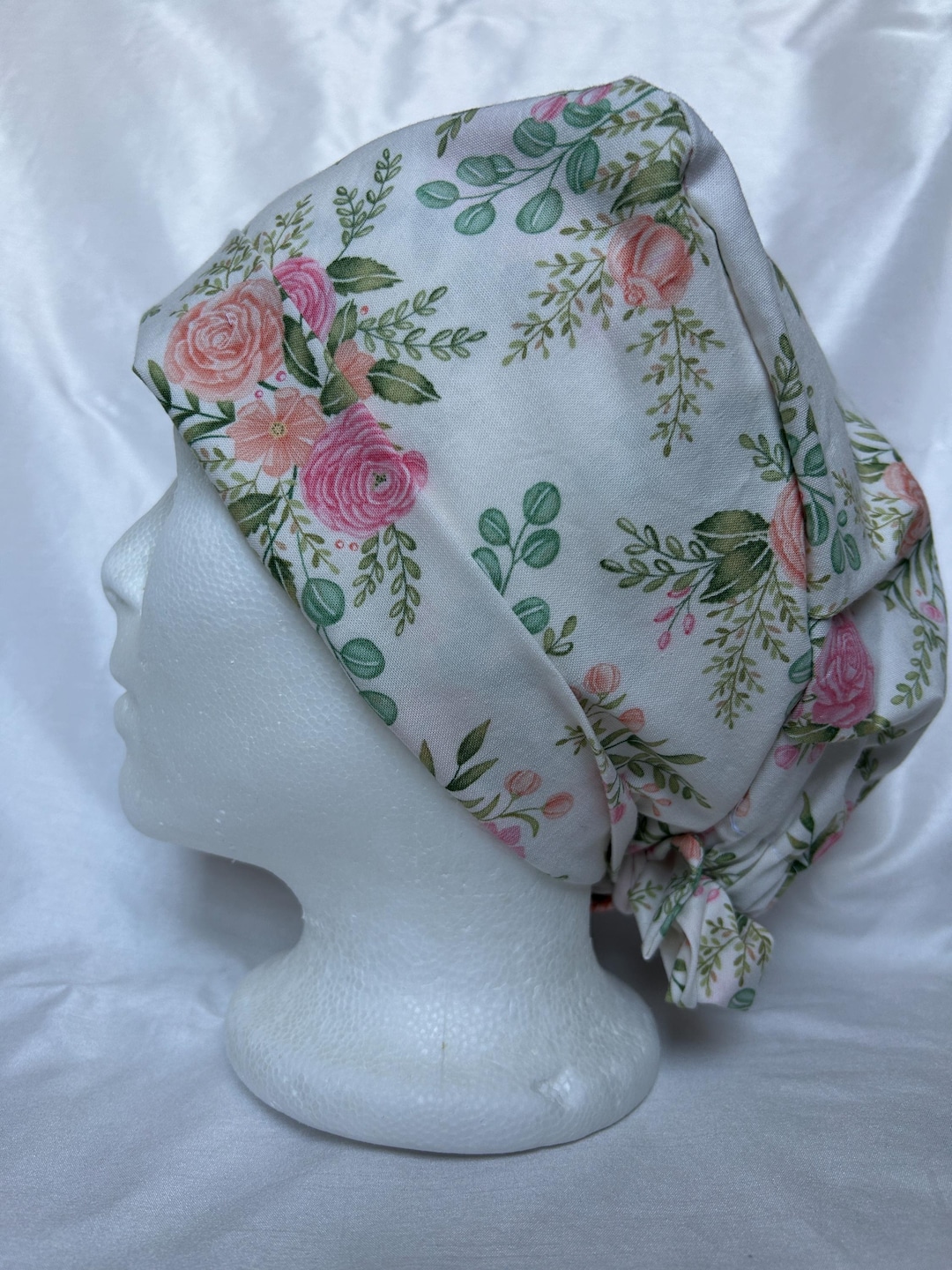 Pink Floral Roses Scrub Cap: Pleated Pixie Style, Women's Surgical Hat ...
