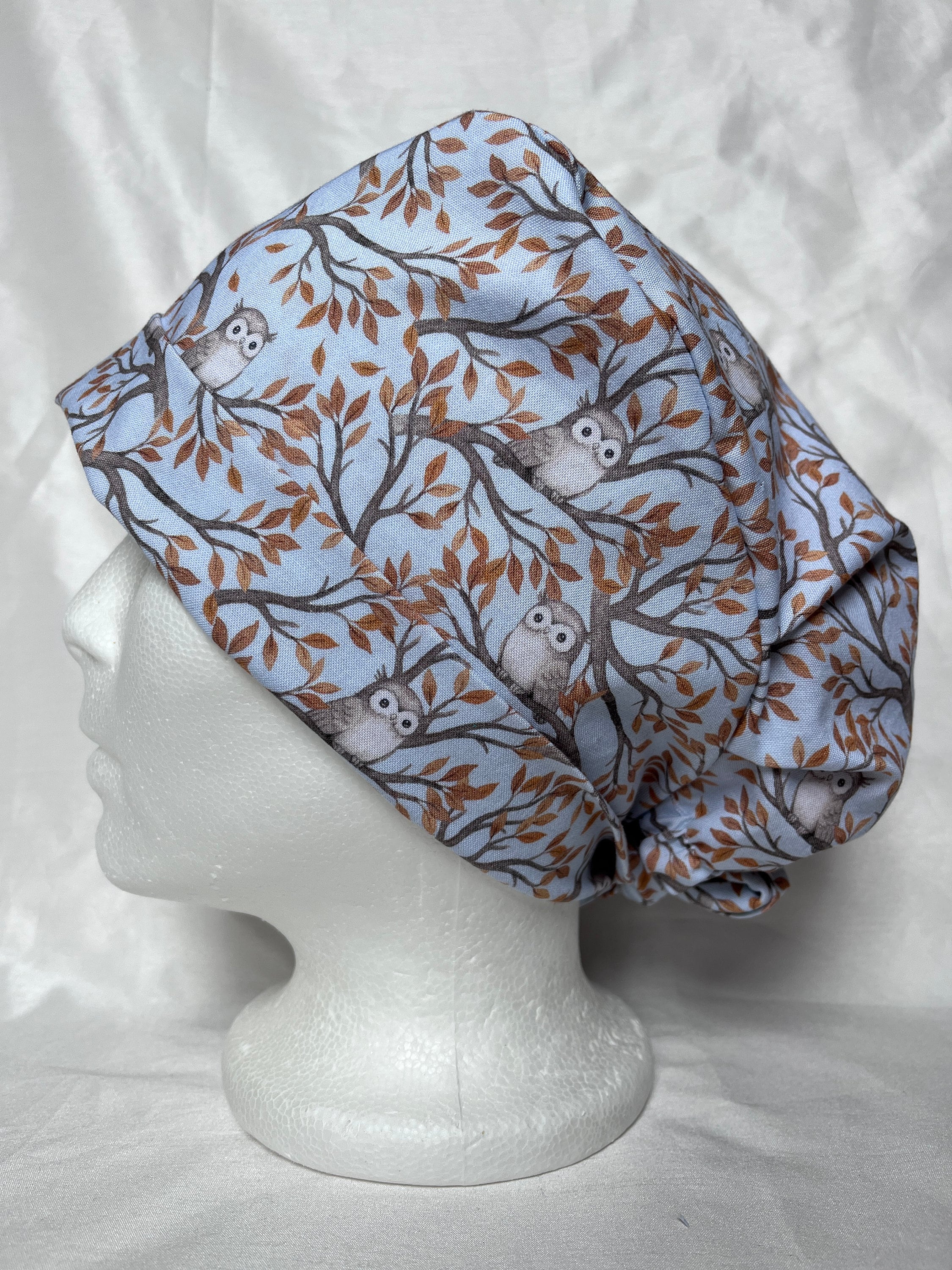 Scrub hat. Scrub cap. Owls in trees. Women&rsquo;s pleated pixie style. Canadian made by The Scrub L