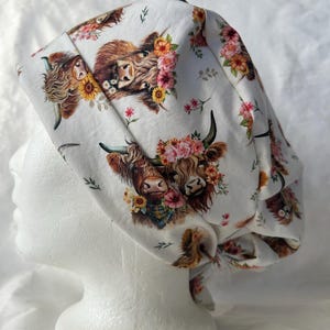 Floral Highland cow Scrub Cap: Pleated Pixie Style, Tie Back