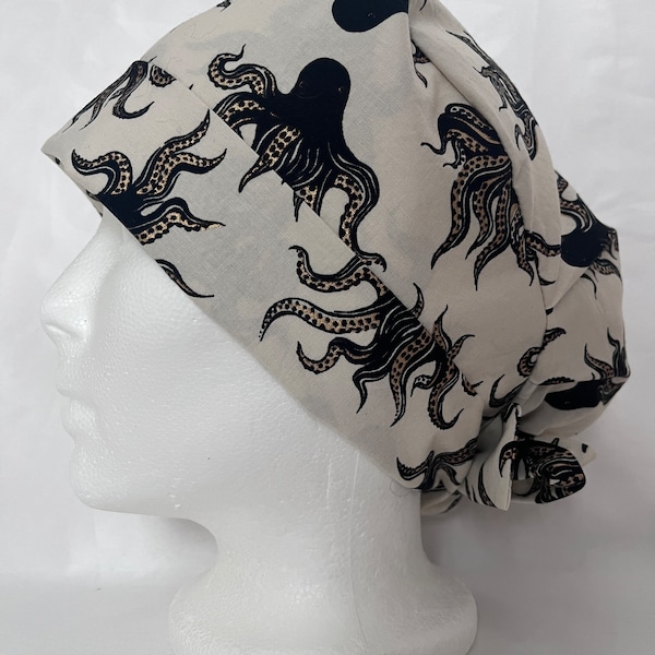 Octopus Scrub Cap.Scrub Hat for Nurses,X-ray,Surgeons,Anesthesia & Surgical Tech Staff.Pleated Pixie Style for women.The Scrub Locker Canada