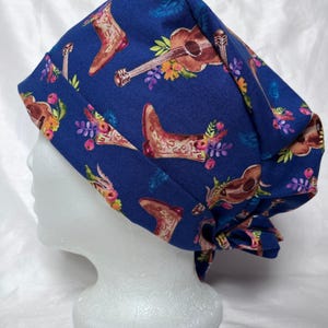 Scrub cap. Scrub hat. Guitars and cowboy boots. Pleated pixie Style for women. Made in Canada by The Scrub Locker.