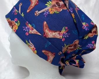 Guitars & Cowboy Boots Scrub Cap: Pleated Pixie Style, Tie Back