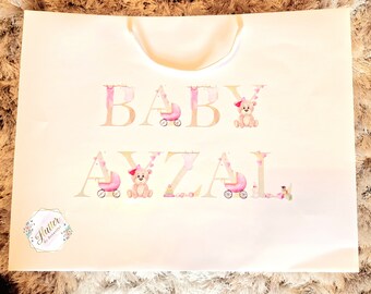 Gepersonaliseerde luxe cadeauzakjes, XL New babycadeauzakjes, verjaardagscadeauzakjes, feestcadeautasje gepersonaliseerd.