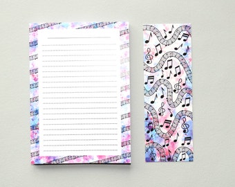 A6 Notepad & Bookmark Stationery Set // Musical Note and Watercolour 50 Sheet Memo Pad, Matching Double Sided Bookmark