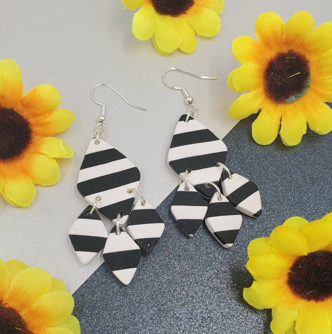 Hypoallergenic and Nickel Free Lightweight Black and White Striped Diamond-Shaped Dangles Polymer Clay Earrings