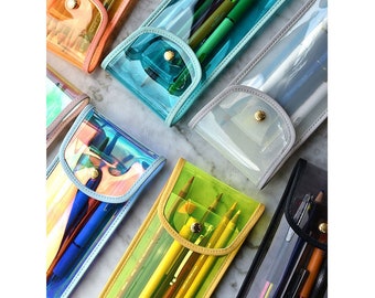 Fluorescent Transparent Pencil Case - 7 Colors | PVC Pencil Bag with Snap Button | Stationery Organizer | Clear Pen Case | Pencils Pouch