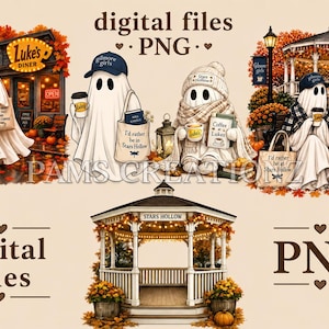 May include: A collection of digital PNG files featuring ghosts dressed in autumn-themed clothing, including hats and scarves, holding coffee cups and tote bags with text like Luke's Diner and Stars Hollow, alongside a gazebo illustration.