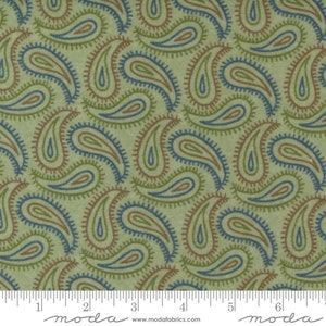 May include: Green fabric with a paisley pattern in shades of blue, green, and brown. The fabric is shown with a ruler for scale.