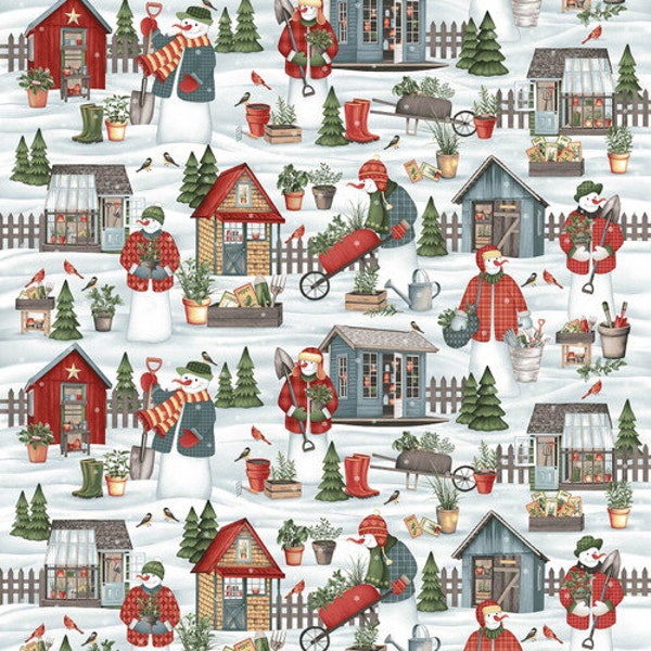 Henry Glass   GARDENING SNOWMEN - Quilt Fabric-by-the-1/2 yard by Jan Mott   3100  17   Snowmen  Multiple Units Cut In 1 Continuous Piece