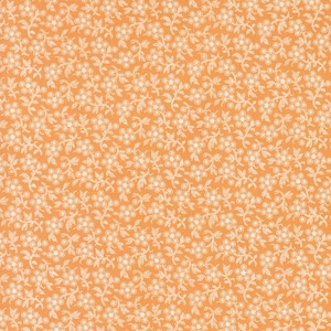 May include: A seamless pattern of small white flowers and leaves on a solid orange background.