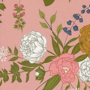 May include: A pink floral fabric with a white, pink, and yellow floral pattern. The fabric features a variety of flowers, including peonies, and leaves in shades of green.