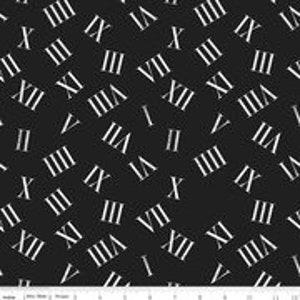 May include: Black and white repeating pattern of Roman numerals on a black background.