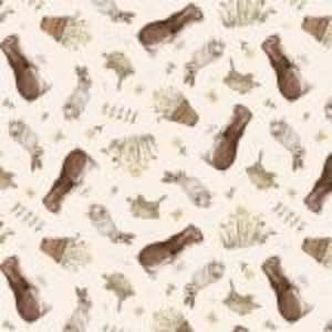 May include: A repeating pattern of watercolor illustrations featuring rabbits, guinea pigs, and floral elements in shades of brown, beige, and cream. The design includes various poses of the animals and small floral bouquets, creating a whimsical and nature-inspired aesthetic.