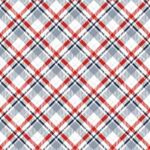 May include: A repeating pattern of red, white, and blue plaid. The design features diagonal lines of varying widths, creating a classic, textured look. The pattern is suitable for fabric, wallpaper, or other decorative applications.