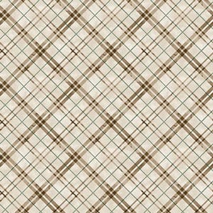 May include: A repeating pattern of diagonal plaid in shades of beige, brown, and teal. The design features intersecting lines creating a grid-like effect, suitable for fabric or wallpaper.