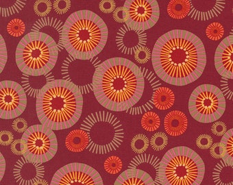 May include: A seamless pattern with a repeating design of red, orange, and yellow circles with a pink and brown outline on a burgundy background.