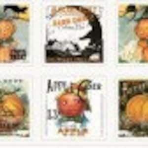 May include: Six vintage pumpkin seed packet illustrations. The packets feature various designs, including a pumpkin with a face, a black cat, and a pumpkin with a hat. The text on the packets includes "The Mystery of Our Seed Selection", "Barn Door", "Fall", "Art & Craft", "Early", and "Golden Harvest".
