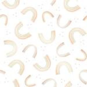 May include: White fabric with a repeating pattern of watercolor rainbows in shades of beige and tan. The rainbows are arranged in a scattered, semi-random design, with small, speckled dots filling the negative space.