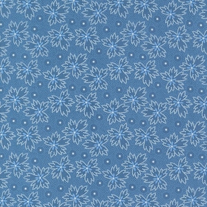 May include: A blue fabric with a white floral pattern. The pattern features small white dots and larger white flowers with blue centers.