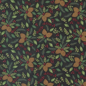 May include: A seamless pattern featuring brown pine cones, green leaves, and red berries on a dark charcoal background.