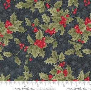 May include: A dark blue fabric with a repeating pattern of green holly leaves and red berries. The fabric has a subtle sparkle effect.