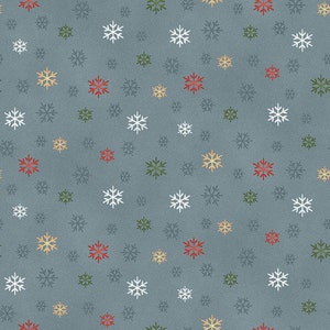 May include: A seamless pattern featuring snowflakes in white, red, gold, and green scattered across a muted blue-gray background. The snowflakes vary in size and are evenly distributed, creating a festive winter design.