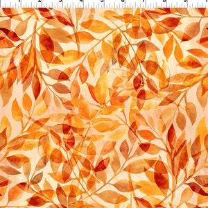 May include: A watercolor-style fabric featuring a repeating pattern of autumn leaves in shades of orange, brown, and yellow. The leaves are layered and semi-transparent, creating a sense of depth and movement. The background is a soft, creamy color.
