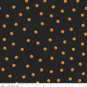 May include: Black fabric with a repeating pattern of orange jack-o'-lantern faces.