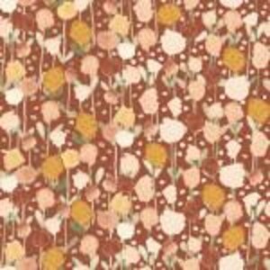 May include: A repeating pattern of stylized flowers in shades of cream, peach, yellow, and brown on a dark reddish-brown background. The floral design has a watercolor effect, with soft edges and a delicate appearance. The pattern is suitable for fabric or wallpaper.