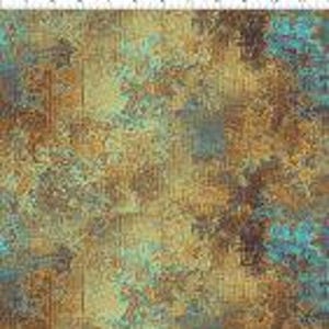 May include: Fabric with a distressed, textured appearance. The pattern features a blend of teal, brown, and gold colors, with a grid-like overlay. The fabric is measured in inches along the top edge.