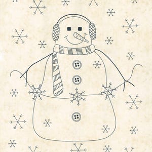 May include: A whimsical illustration of a snowman with earmuffs, a striped scarf, and button details. The snowman has a carrot nose and is surrounded by snowflakes. The artwork is in black and white on a cream-colored background.