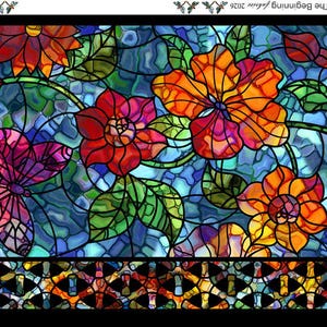 May include: A fabric panel featuring a stained glass pattern with vibrant red, orange, and yellow flowers, green leaves, and purple butterflies against a blue background. A geometric border runs along the bottom. Text reads DEAR CLARA.