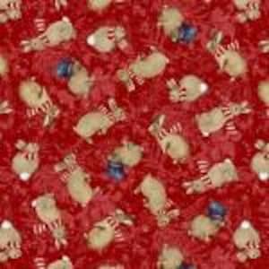 May include: Red fabric with a repeating pattern of tan rabbits wearing striped scarves and hats. The rabbits are scattered across the fabric, creating a festive and whimsical design. The fabric is suitable for various crafting projects.