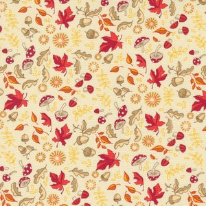 May include: A seamless pattern featuring red and yellow autumn leaves, mushrooms, acorns, and stylized floral designs on a cream background.