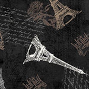 May include: A black and white pattern featuring multiple images of the Eiffel Tower in various sizes and angles.